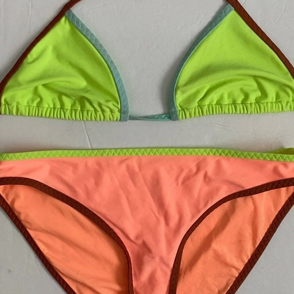 Aerie Colorblock Bikini Set Neon Lime Green XS Triangle Top Coral Pink S Bottoms